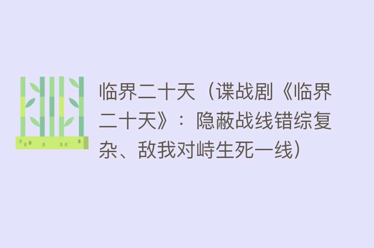 临界二十天（谍战剧《临界二十天》：隐蔽战线错综复杂、敌我对峙生死一线）