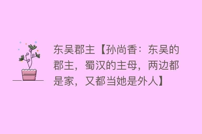 东吴郡主【孙尚香：东吴的郡主，蜀汉的主母，两边都是家，又都当她是外人】