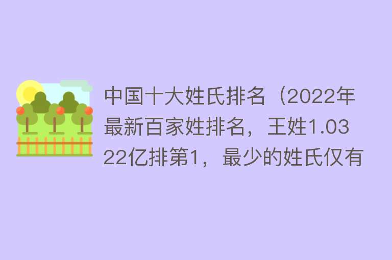 中国十大姓氏排名（2022年最新百家姓排名，王姓1.0322亿排第1，最少的姓氏仅有14人） 